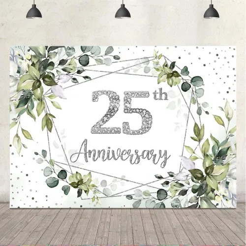 Vista 4 de Ticuenicoa Fondo de decoración de aniversario de boda, 7 x 5 pies, pancarta de decoración de 25 aniversario de vegetación, suministros para fiesta