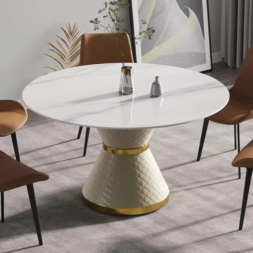 Vista 12 de Mesa de comedor moderna de 53 pulgadas, mesa de comedor de piedra sinterizada con base de acero al carbono negro, mesa de comedor redonda de 53