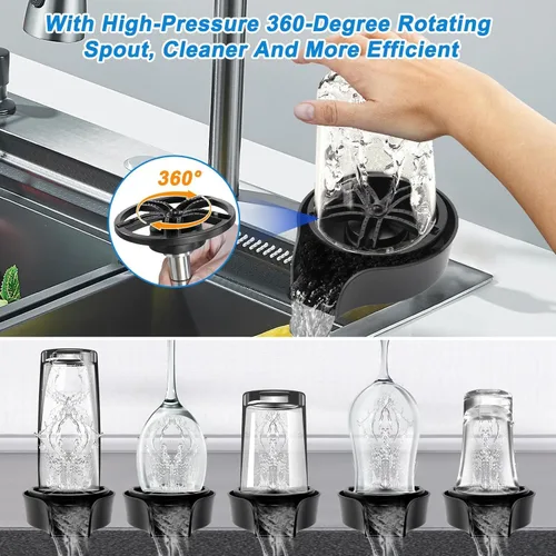 Vista 2 de Petyoung Enjuagadora de vidrio para fregadero de cocina, enjuague de vidrio giratorio de 360 grados con cabezal rociador extraíble, lavadora