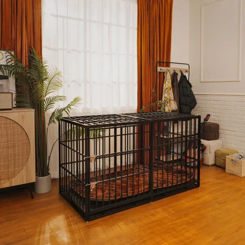 Vista 7 de Jaula para perros de acero al carbono resistente con puertas dobles, bandeja de ABS extraíble, acabado resistente al óxido para razas grandes