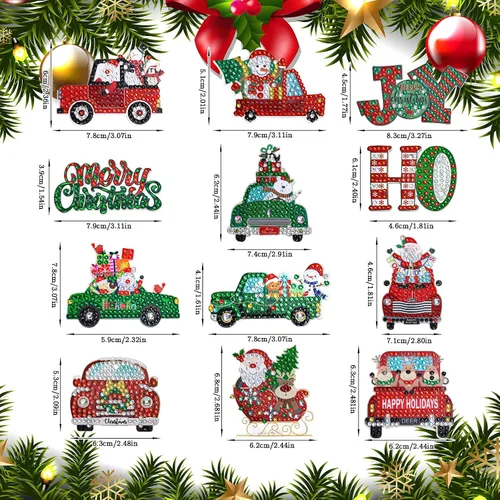 Vista 3 de AnyDesign 12 piezas de llavero de arte de diamantes de Navidad, hecho a mano, camión, Papá Noel, muñeco de nieve, pintura de gemas, colgante