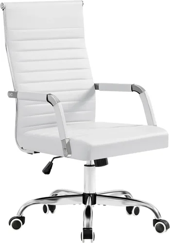 Vista 11 de Furmax Silla de escritorio de oficina acanalada con respaldo medio, silla ejecutiva de piel sintética, silla giratoria ajustable con brazos