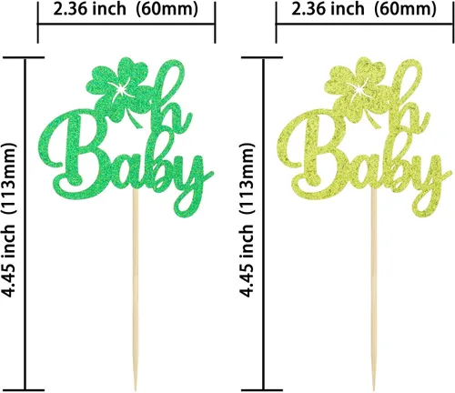 Vista 2 de Gyufise Paquete de 24 adornos para cupcakes del Día de San Patricio Lucky Oh Baby con decoraciones de cuatro hojas para pastel de baby shower de San