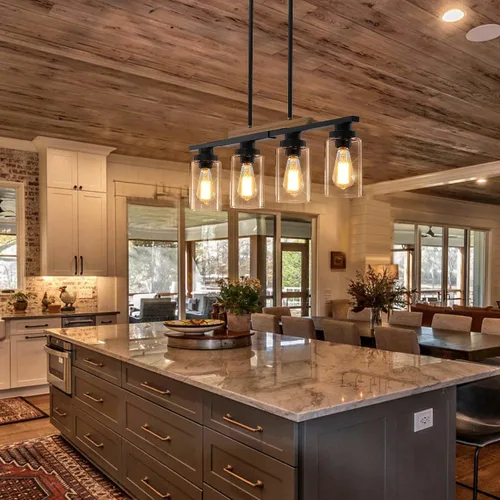 Vista 7 de Lámpara de comedor sobre mesa, iluminación de isla de cocina de 4 luces, modernos candelabros de madera para comedor con altura ajustable, luces
