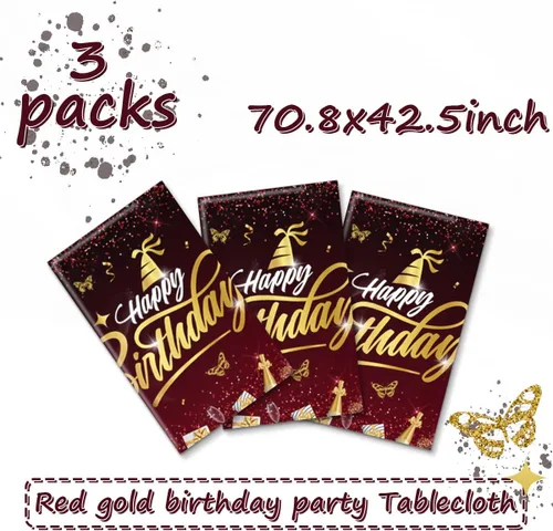 Vista 4 de CMUSKO Decoraciones de feliz cumpleaños, 3 manteles de cumpleaños rojos y dorados, fundas rectangulares de plástico desechables para mesa de Rojo