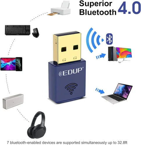 Vista 7 de EDUP Adaptador USB Bluetooth WiFi para PC, Adaptador Bluetooth 4.0, Adaptador de Red USB Nano Inalámbrico 2.4Ghz 150Mbps, Solo Compatible