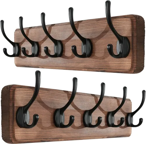 Vista 9 de SKOLOO Perchero rústico montado en la pared, perchero de madera maciza de pino, 5 ganchos para colgar ropa, batas, toallas, abrigos