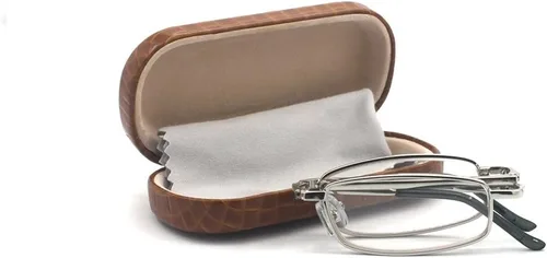 Vista 16 de Gafas de lectura plegables de metal rectangulares compactas con estuche de cuero para hombres y mujeres