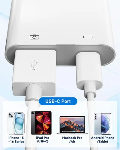 Vista 8 de Adaptador de cámara USB C a USB con puerto de carga PD de 30 W Cable OTG, compatible con iPhone 17/16/15 iPad Android, USB 3.0 hembra
