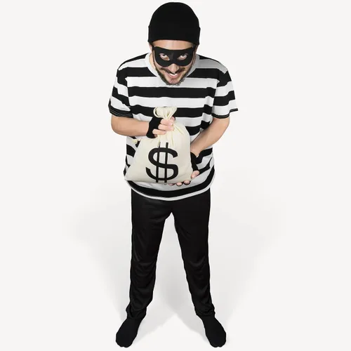 Vista 7 de SOMSOC Conjunto de disfraz de ladrón de Halloween para adultos, camiseta gorra, bolsa de dinero, guantes de máscara de ojos para Halloween, fiesta