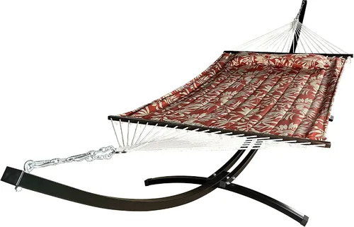 Vista 5 de Soporte de hamaca de arco de acero negro resistente para interiores y exteriores de 15 pies con hamaca acolchada de primera calidad (beige)
