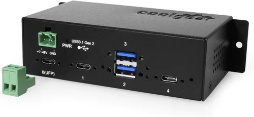 Vista 2 de Coolgear Hub USB industrial 3.2 Gen 2 tipo C de 4 puertos con puertos de bloqueo de tornillo y LED de estado