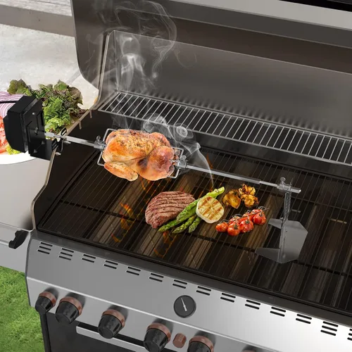 Vista 6 de Kit universal de asador giratorio para barbacoa de solo fuego para la mayoría de parrillas de gas, incluye motor eléctrico de 110V 4W, tenedores