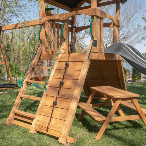 Vista 6 de Backyard Discovery Endeavor II Set de columpios de madera de cedro con tobogán ondulado, plataforma de juego, doble pared de escalada, mesa