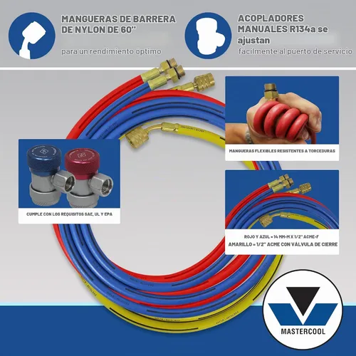 Vista 5 de Mastercool (89661-PRO) R134a, juego de indicadores múltiples con acoples estándar de aluminio