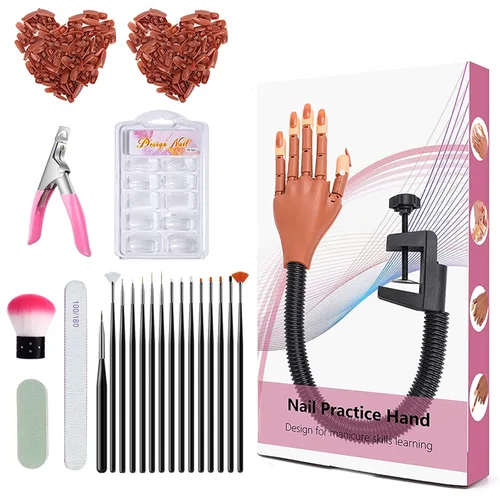 Vista 9 de Mano de práctica para uñas acrílicas, mano profesional de práctica de uñas para entrenamiento, mano de maniquí falsa ajustable con 100 puntas