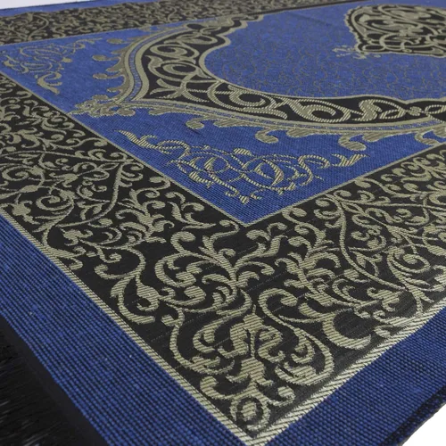 Vista 7 de Modefa Alfombra de oración de chenilla tejida musulmana, otomana negra + azul Felpa fina y tafetán turco intrincada metalizado otomano otomano