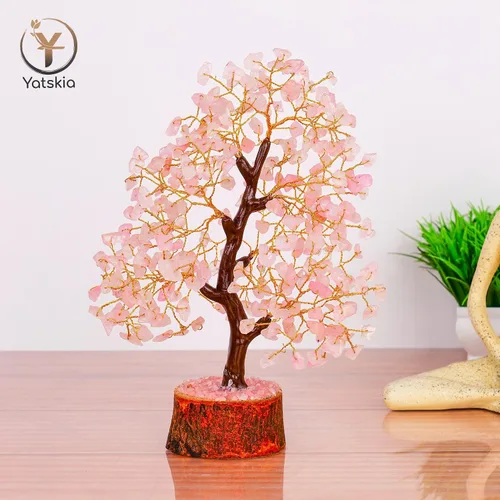Vista 2 de Árbol de piedras preciosas de cuarzo rosa, cristal para energía positiva, figura de Feng Shui, bonsái de dinero, árbol de la vida, decoración