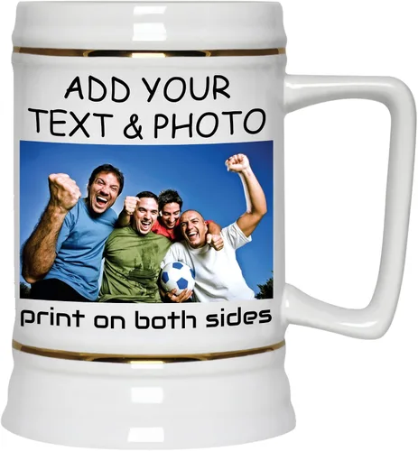 Vista 2 de Taza de cerveza personalizada de 22 onzas – Taza de cerveza de cerámica personalizada con tu foto, logotipo y texto – Regalo ideal para papá, mamá