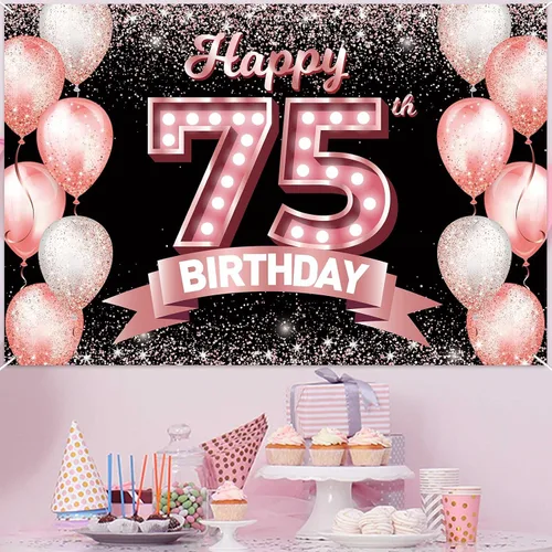 Vista 273 de Cartel de feliz cumpleaños décimo oro rosa, telón de fondo, saludos a 10 años, globos de confeti, decoración temática para niñas de 10 años