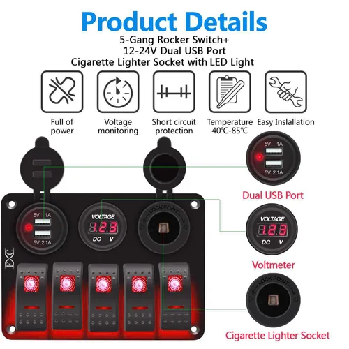 Vista 4 de FXC Interruptor basculante de 5 bandas con doble ranura USB de 5 V 3.1 A + medidor de voltios + encendedor de cigarrillos para lanchas marinas