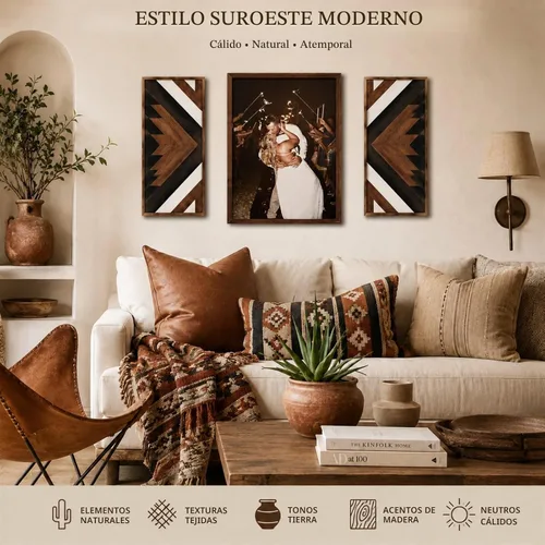 Vista 3 de 2 piezas de decoración de pared azteca con marco de madera, arte de pared occidental de madera de 20.9 x 9.8 pulgadas, decoración rústica del hogar