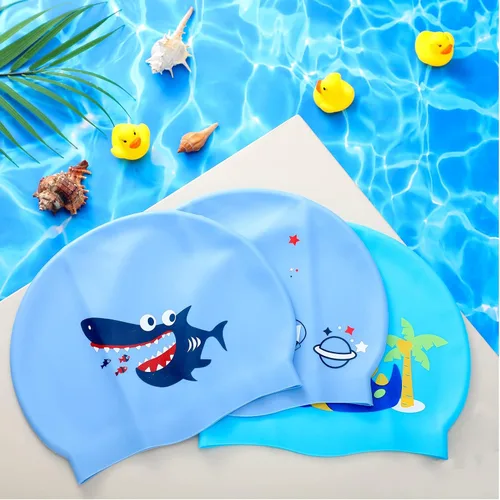 Vista 7 de Sintuff 3 Pcs Kids Swim Caps Toddlers Swimming Caps Silicone Swim Cap for Boys Girls (Age 4-12) Baby Waterproof Cartoon Bathing Hats for Long and