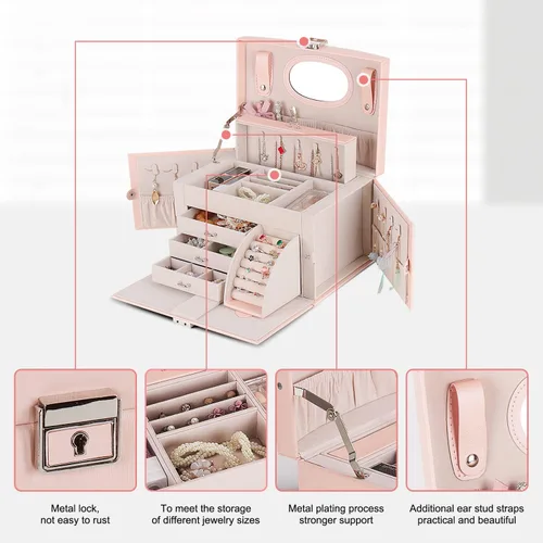 Vista 5 de Botanka Joyero para mujer caja de joyería de piel sintética cajas organizadoras de almacenamiento para anillos aretes collares pulseras estuche