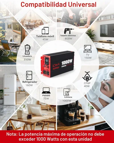 Vista 7 de Inversor de potencia de onda sinusoidal pura de 1000 vatios 12 V CC a 110 V 120 V CA convertidor para hogar, caravana, camión fuera de la red Rojo