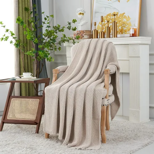 Vista 3 de Manta de punto gruesa de cable beige ligera 100% algodón orgánico para sofá, sofá cama, bebé, guardería, rústico, shabby chic, moderno, granja, 51