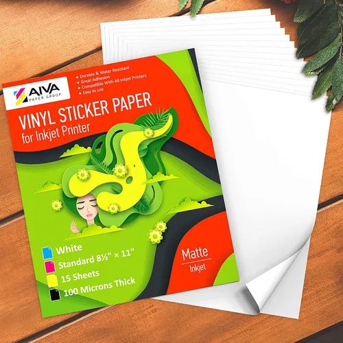 Vista 6 de Papel adhesivo de vinilo imprimible para impresora de inyección de tinta, blanco mate, 15 hojas autoadhesivas, papel de calcomanía impermeable