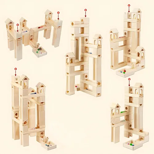 Vista 9 de Pista de Canicas de Madera para Niños de 4 a 8 años, 60 piezas de bloques de construcción de madera y juego de construcción, juego de laberinto