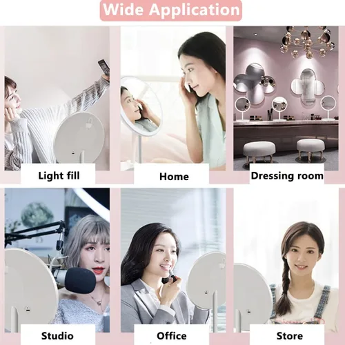 Vista 4 de Espejo LED de maquillaje de viaje con luces, con un mini espejo compacto portátil de tamaño de bolsillo con aumento 5X, base redonda, rosa