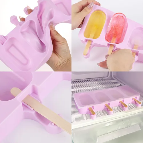 Vista 4 de Juego de 3 moldes de paletas de color violeta Samll con tapas y 100 palitos de madera para paletas de madera, 4 cavidades de silicona para hacer