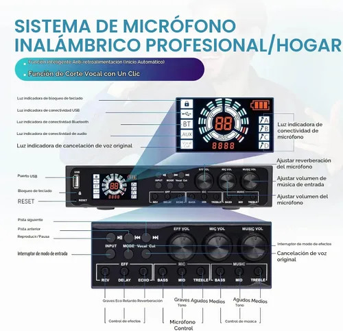 Vista 3 de Pro - Sistema de micrófono inalámbrico de 4 canales recargable y preefector, micrófonos inalámbricos de mano de metal UHF con pantalla LCD, corte