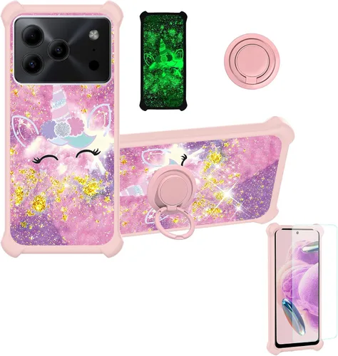 Vista 108 de jioeuinly Funda compatible con Oukitel P1 Pro con protector de pantalla de vidrio templado, policarbonato duro + silicona suave, soporte de anillo