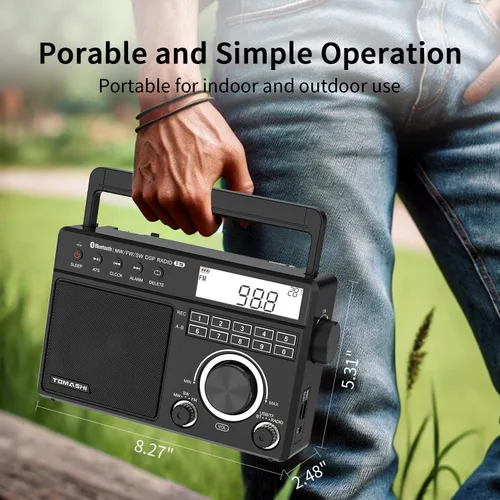 Vista 4 de TOMASHI Radio FM portátil de onda corta MW con Bluetooth, sintonización ATS, reloj y alarma, grabación, reproducción de MP3/WMA a través de tarjeta