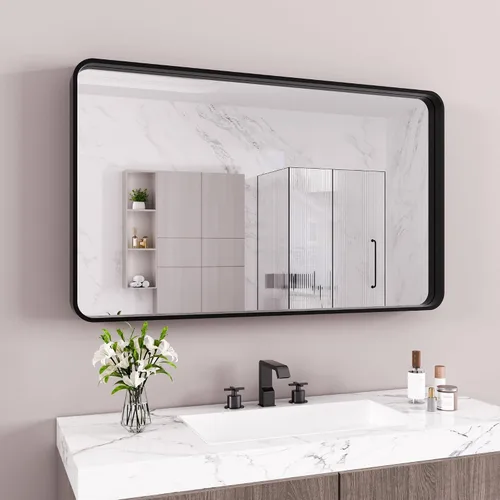 Vista 66 de JISOSO - Espejo de baño negro de 20x30 pulgadas con marco de metal negro, espejo de tocador rectangular redondeado con acabado mate para pared
