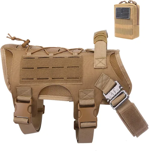 Vista 7 de Arnés para perros medianos y grandes, arnés táctico para perro con bolsa Molle, chaleco de servicio ajustable con hebilla de metal 3X con panel
