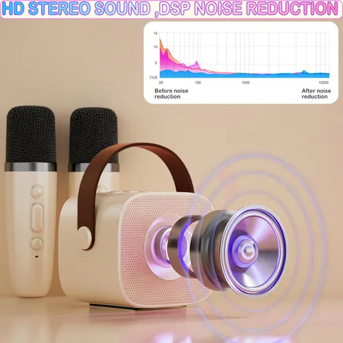 Vista 3 de Mini máquina de karaoke para niños y adultos, juguetes para niños y niñas, regalos para niñas y niños, altavoz Bluetooth con 2 micrófonos Beige