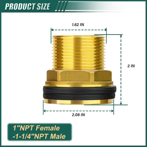 Vista 2 de 1 conector de tanque de agua de latón, 1 pulgada NPT hembra 1-1/4 pulgadas NPT macho, adaptador de tanque de mamparo, con anillo de goma