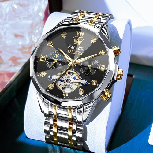 Vista 18 de OLEVS Reloj de pulsera automático con diseño de esqueleto para hombre, de lujo, con diamantes de lujo, de acero inoxidable, calendario, reloj