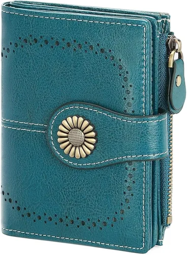 Vista 14 de SENDEFN - Billetera pequeña para mujer de cuero con doble solapa, portatarjetas con bloqueo RFID, bolsillo con cremallera para monedas 1-cera-rosa