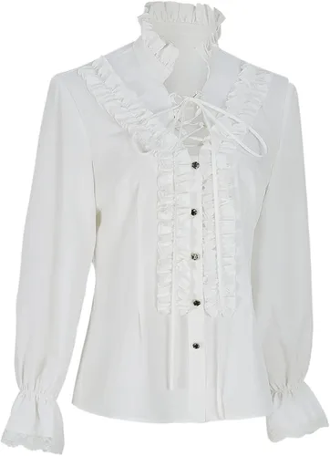Vista 3 de lifpoivake Camisa victoriana renacentista con cuello alto y cordones de manga larga con volantes para mujer