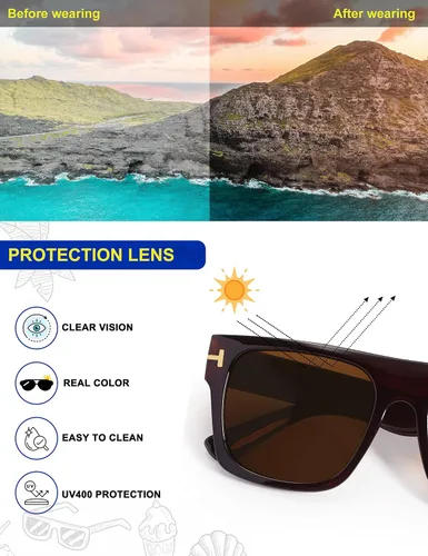 Vista 5 de VANLINKER Gafas de sol cuadradas de moda para hombre y mujer, de gran tamaño, con parte superior plana, retro, 70s, rectangular, para conducir