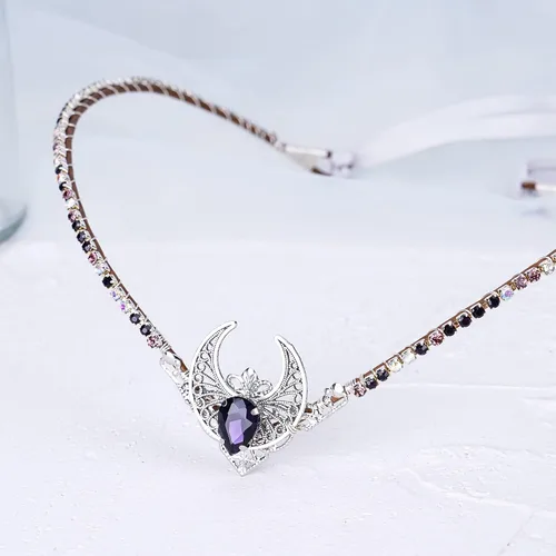 Vista 4 de MOSTORY Corona de hada de luna plateada hecha a mano con diamantes de imitación, tiara elfa para princesa, diosa, cosplay, boda, despedida