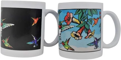Vista 6 de Taza mágica de colibríes, taza que cambia de color, taza de café, regalo de pájaros, trochilidae, tamaño de 11 onzas