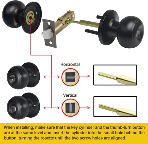 Vista 7 de CML Hardware Pomo de puerta de entrada con llave negra mate para uso exterior e interior, mango redondo de bola de acero inoxidable