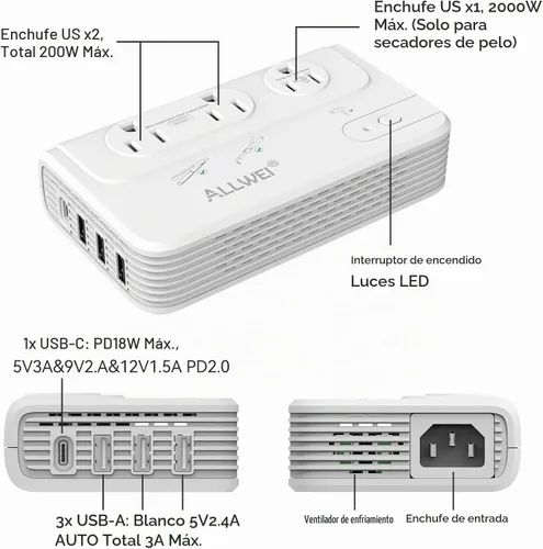 Vista 8 de ALLWEI Convertidor de Voltaje de Viaje de 2000W, Convertidor de 220v a 110v para Viaje Europeo, Adaptador de Voltaje para Secador de Pelo, 2000W