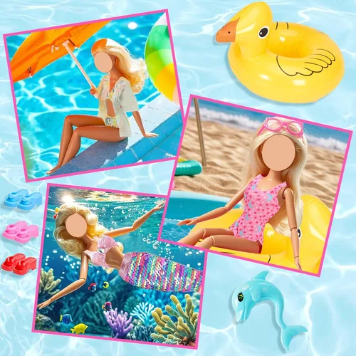 Vista 5 de Juego de 35 piezas para muñecas y piscina con chaleco salvavidas deslizante